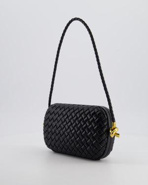 Bottega Veneta Black Knot On Strap Clutch Bag in Black Intrecciato Leather with Gold Hardware
