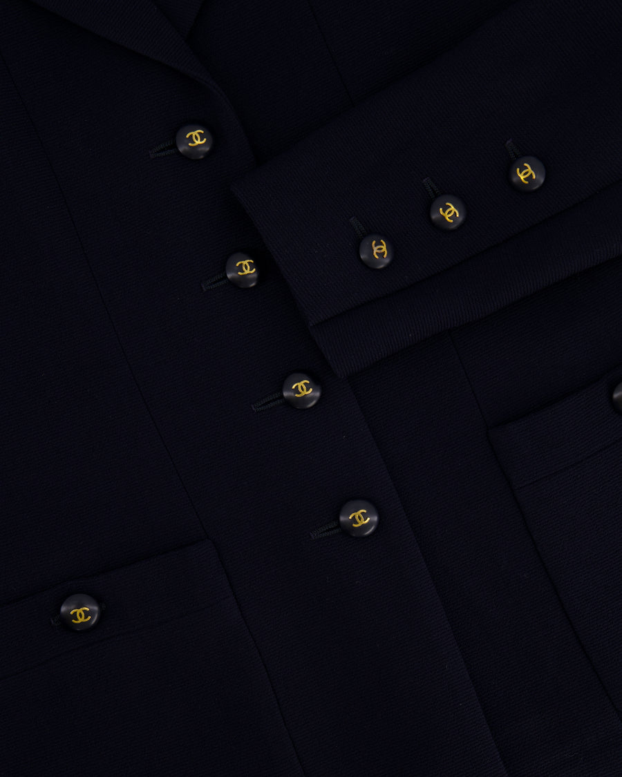 Chanel Vintage Navy Jacket with Black and Gold CC Buttons and Pocket Detail Size FR 38/40 (UK 10/12)