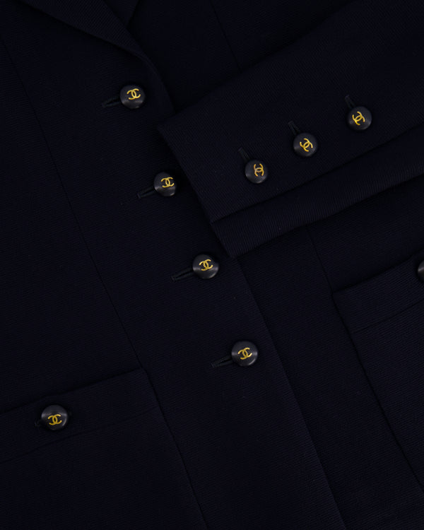 Chanel Vintage Navy Jacket with Black and Gold CC Buttons and Pocket Detail Size FR 38/40 (UK 10/12)