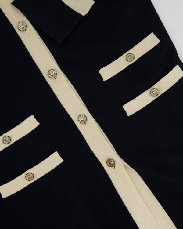 Chanel Black Cashmere Long Cardigan with Cream Trim Detail, Gold Glitter and Silver CC Buttons Size FR 38 (UK 10)