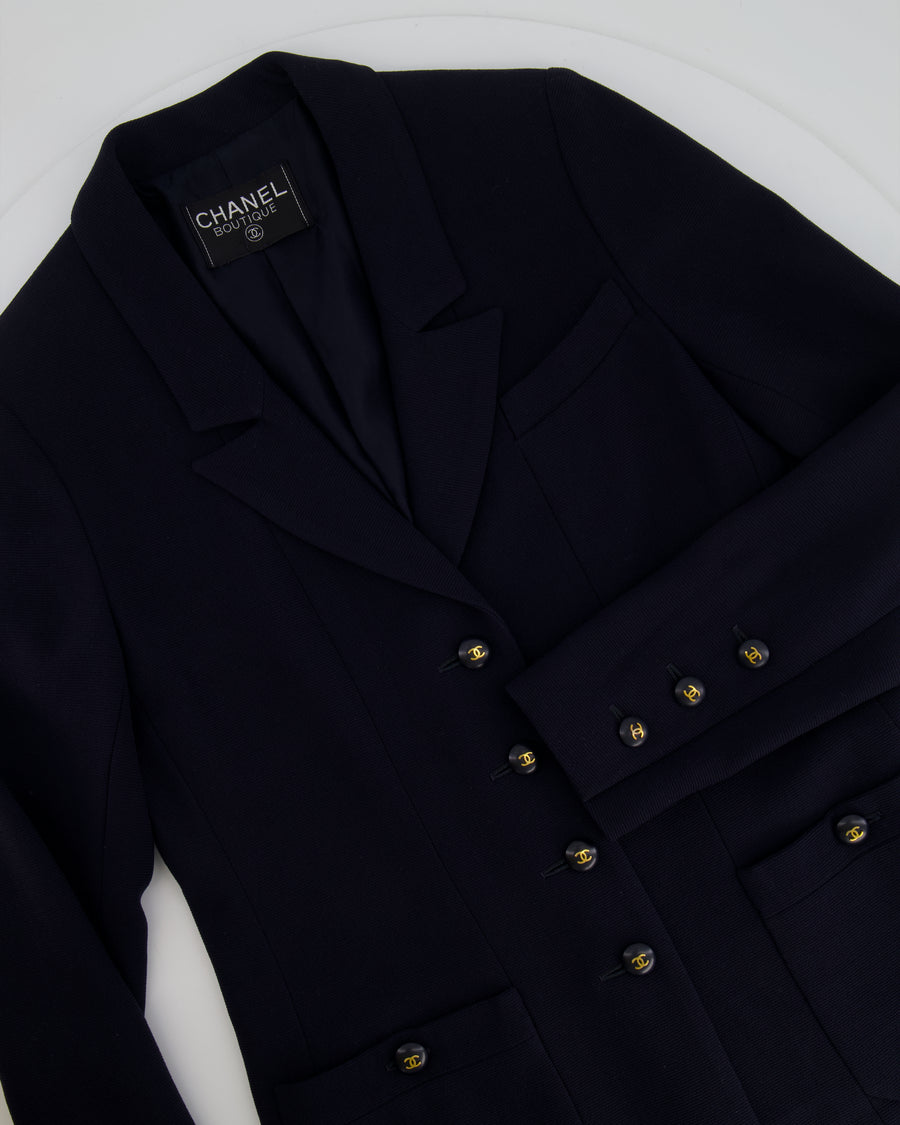 Chanel Vintage Navy Jacket with Black and Gold CC Buttons and Pocket Detail Size FR 38/40 (UK 10/12)
