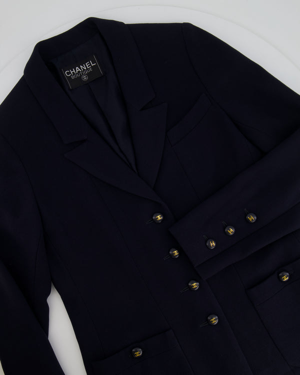 Chanel Vintage Navy Jacket with Black and Gold CC Buttons and Pocket Detail Size FR 38/40 (UK 10/12)