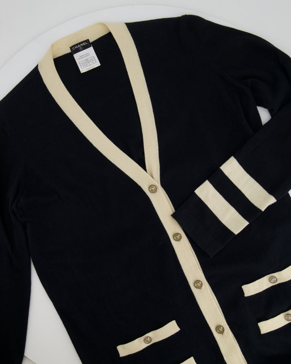 Chanel Black Cashmere Long Cardigan with Cream Trim Detail, Gold Glitter and Silver CC Buttons Size FR 38 (UK 10)