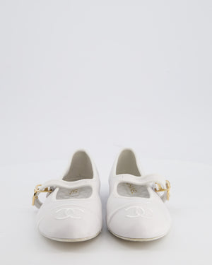 Chanel White Mary Jane Ballerina Shoes in Calfskin Leather with Strap Detail and Gold Hardware Size EU 39.5