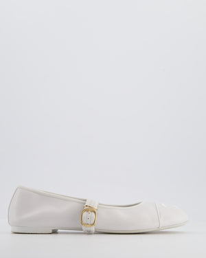 Chanel White Mary Jane Ballerina Shoes in Calfskin Leather with Strap Detail and Gold Hardware Size EU 39.5