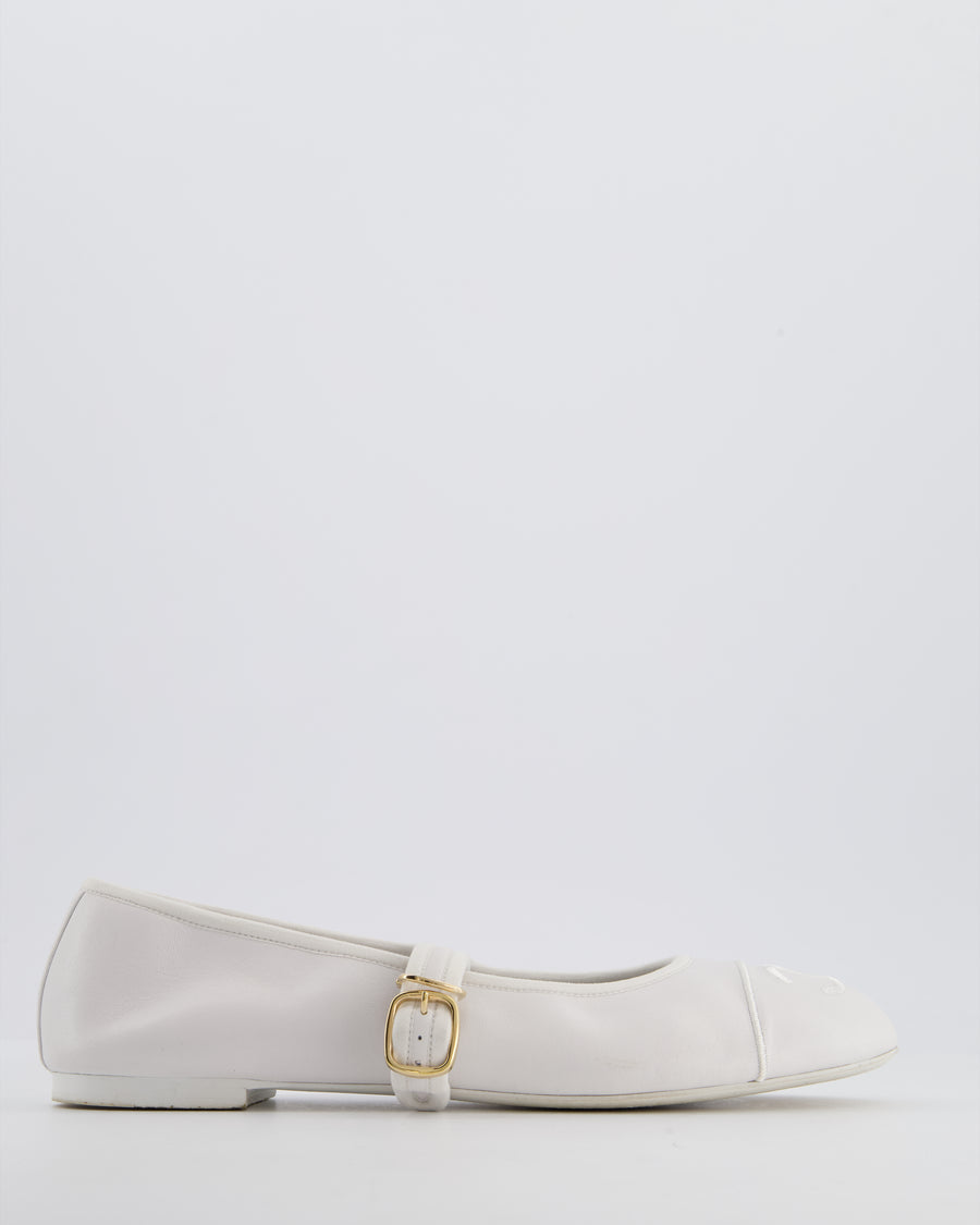 Chanel White Mary Jane Ballerina Shoes in Calfskin Leather with Strap Detail and Gold Hardware Size EU 39.5