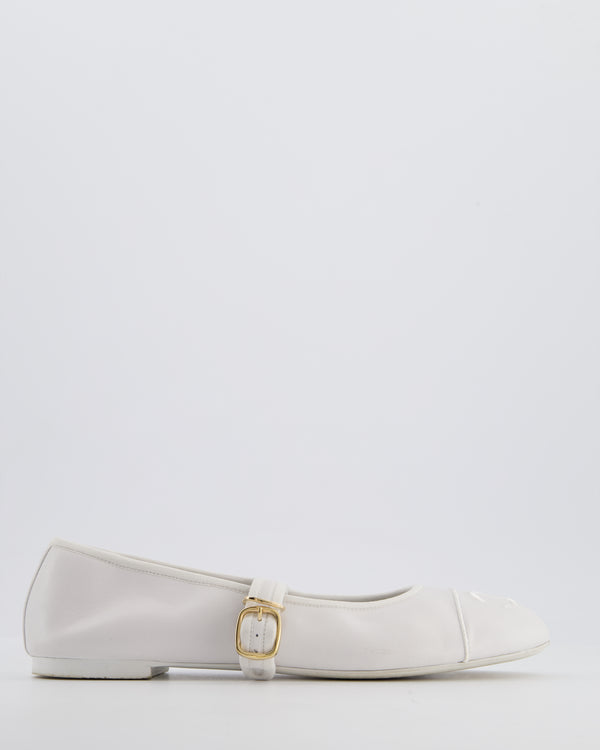 Chanel White Mary Jane Ballerina Shoes in Calfskin Leather with Strap Detail and Gold Hardware Size EU 39.5