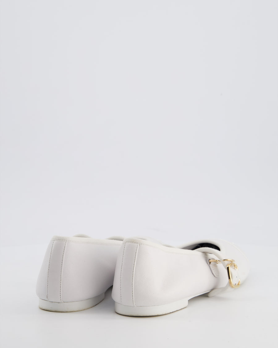 Chanel White Mary Jane Ballerina Shoes in Calfskin Leather with Strap Detail and Gold Hardware Size EU 39.5
