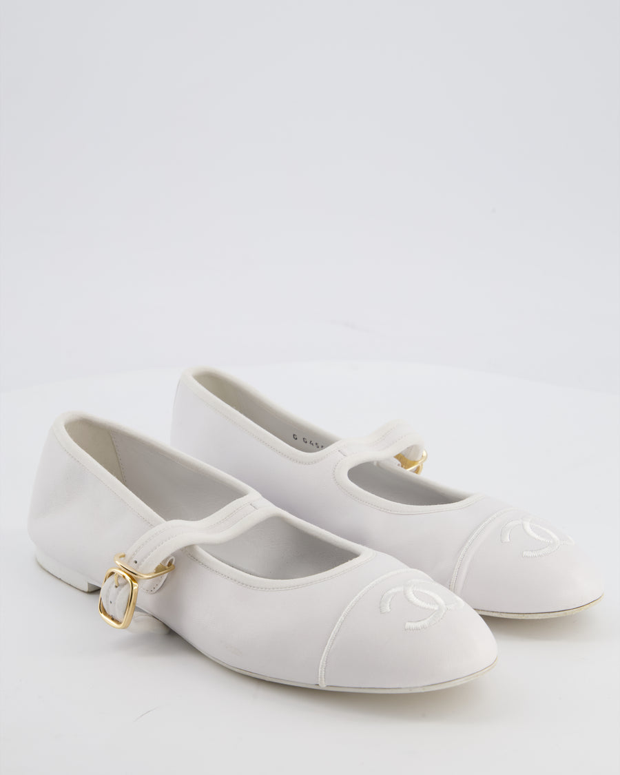 Chanel White Mary Jane Ballerina Shoes in Calfskin Leather with Strap Detail and Gold Hardware Size EU 39.5