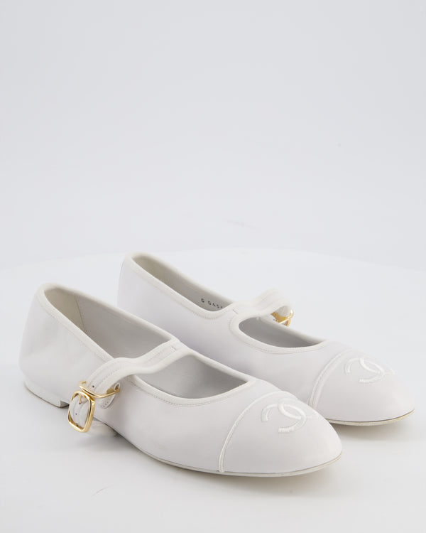 Chanel White Mary Jane Ballerina Shoes in Calfskin Leather with Strap Detail and Gold Hardware Size EU 39.5