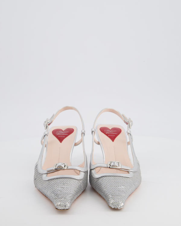 Roger Vivier Silver Sequin Mini Buckle Viv' Canard Slingback Heels Size EU 39 RRP £952