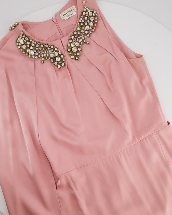 Alexander McQueen Pink Cape-Shoulder Satin Gown with Crystal Neckline & Belt Detail Size IT 42 (UK 10)
