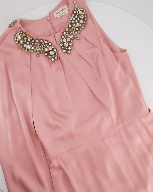 Alexander McQueen Pink Cape-Shoulder Satin Gown with Crystal Neckline & Belt Detail Size IT 42 (UK 10)