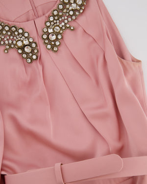 Alexander McQueen Pink Cape-Shoulder Satin Gown with Crystal Neckline & Belt Detail Size IT 42 (UK 10)