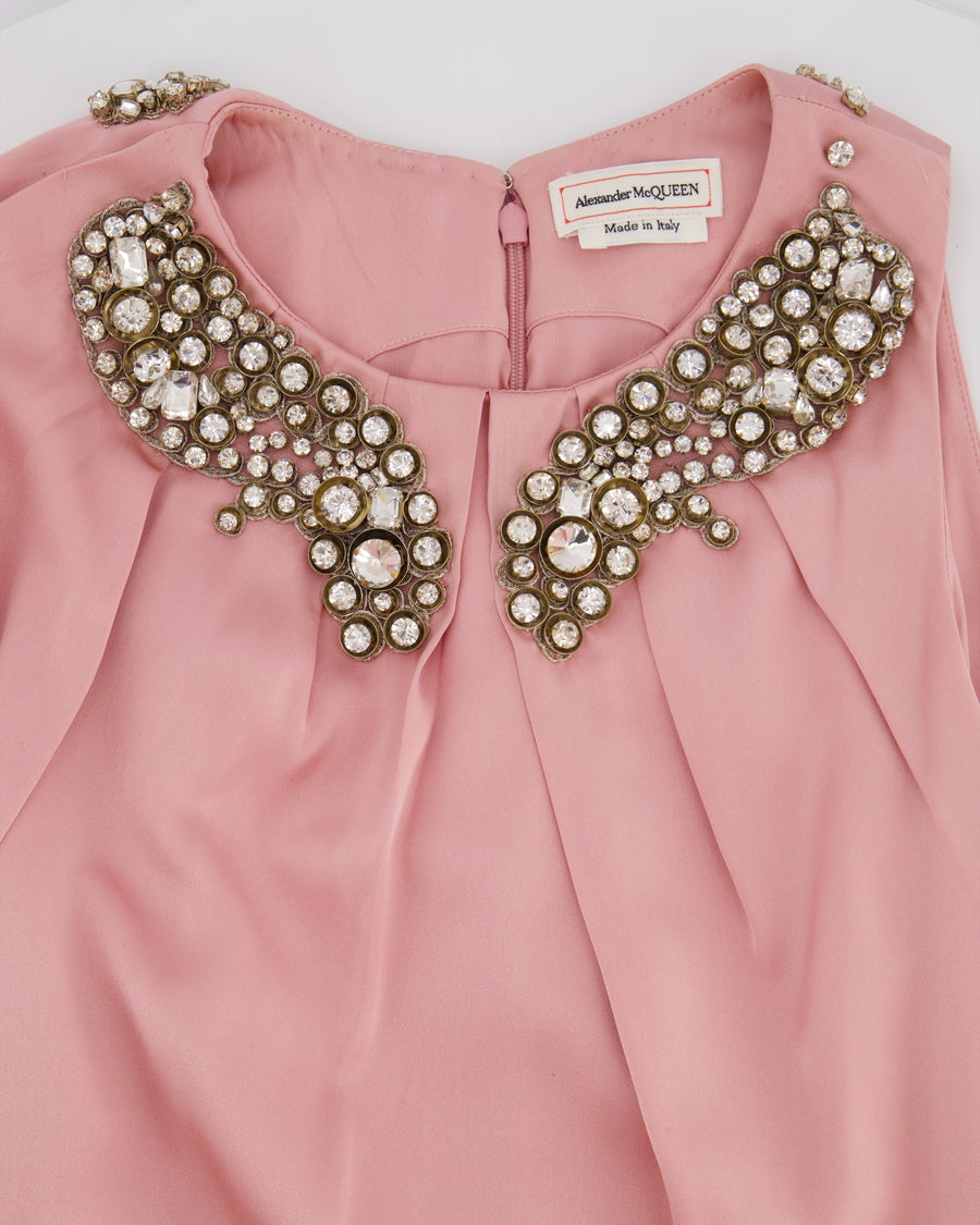 Alexander McQueen Pink Cape-Shoulder Satin Gown with Crystal Neckline & Belt Detail Size IT 42 (UK 10)