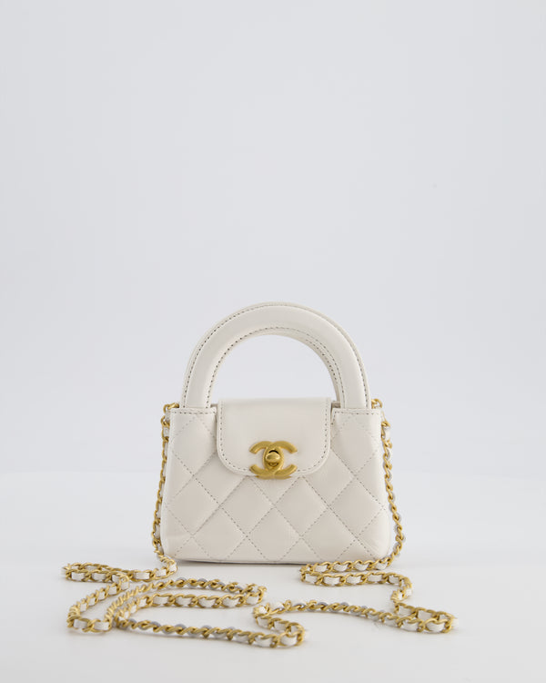 *RARE* Chanel White Nano Kelly Shopping Bag in Aged Calfskin Leather with Brushed Antique Gold Hardware