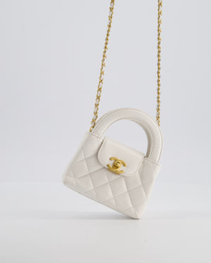 *RARE* Chanel White Nano Kelly Shopping Bag in Aged Calfskin Leather with Brushed Antique Gold Hardware