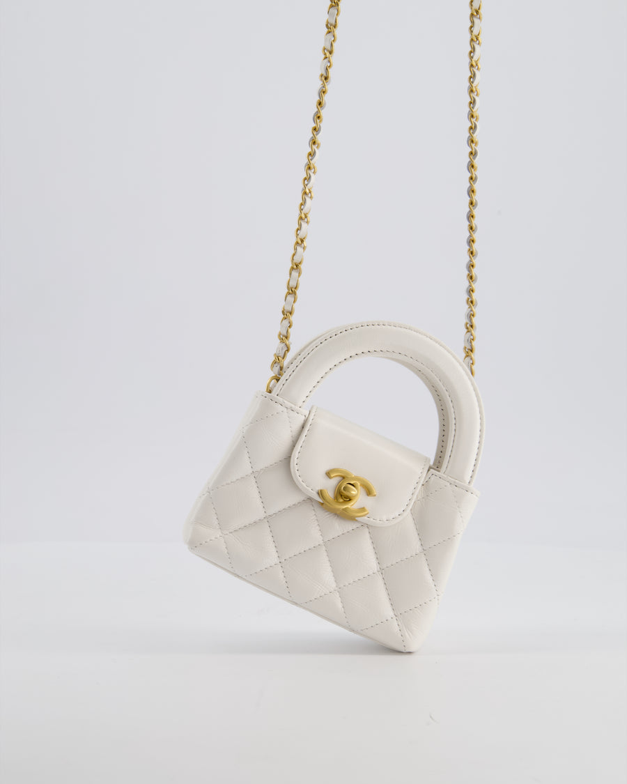 *RARE* Chanel White Nano Kelly Shopping Bag in Aged Calfskin Leather with Brushed Antique Gold Hardware