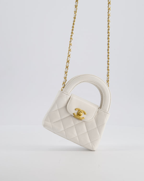 *RARE* Chanel White Nano Kelly Shopping Bag in Aged Calfskin Leather with Brushed Antique Gold Hardware
