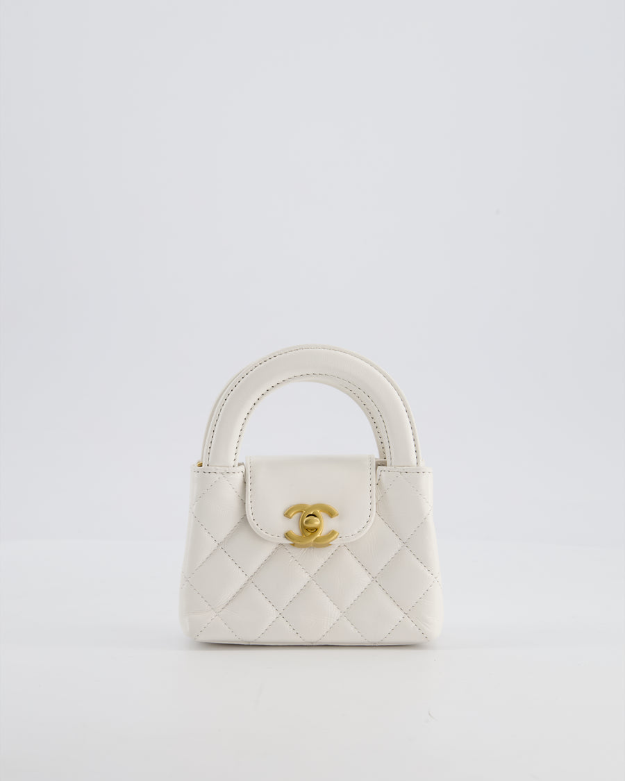 *RARE* Chanel White Nano Kelly Shopping Bag in Aged Calfskin Leather with Brushed Antique Gold Hardware