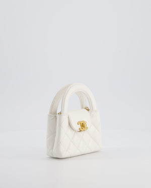 *RARE* Chanel White Nano Kelly Shopping Bag in Aged Calfskin Leather with Brushed Antique Gold Hardware