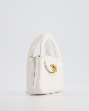 *RARE* Chanel White Nano Kelly Shopping Bag in Aged Calfskin Leather with Brushed Antique Gold Hardware