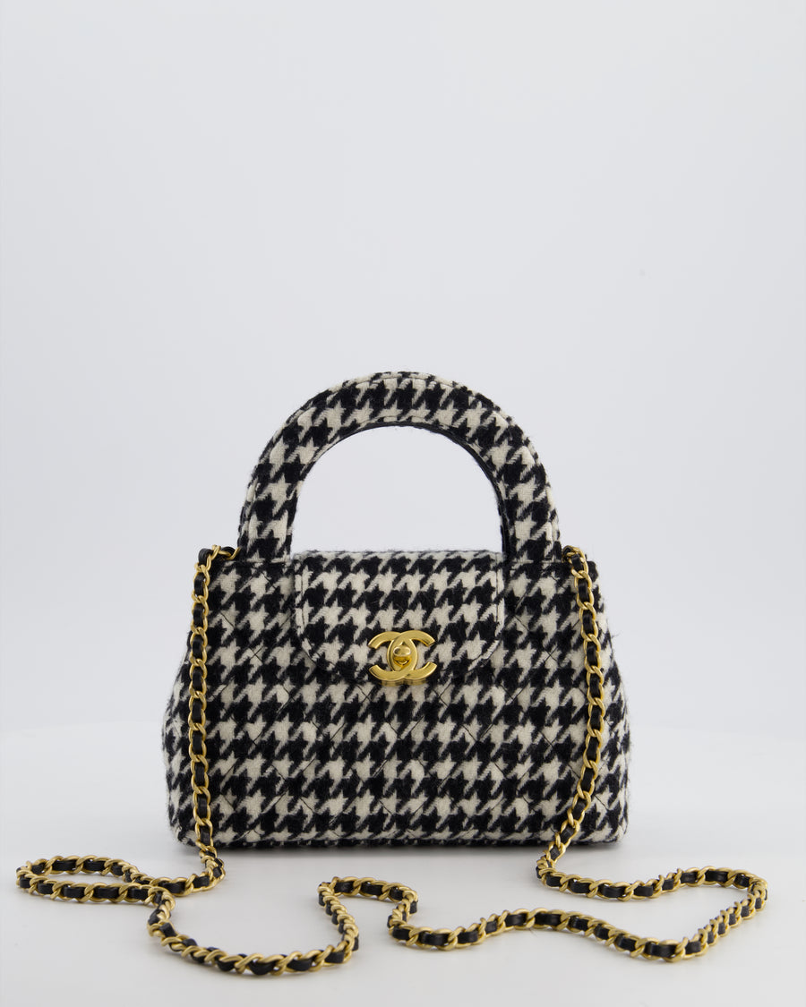 *HOT* Chanel Small Kelly Shopping Bag in Black & White Wool Houndstooth with Brushed Antique Gold Hardware