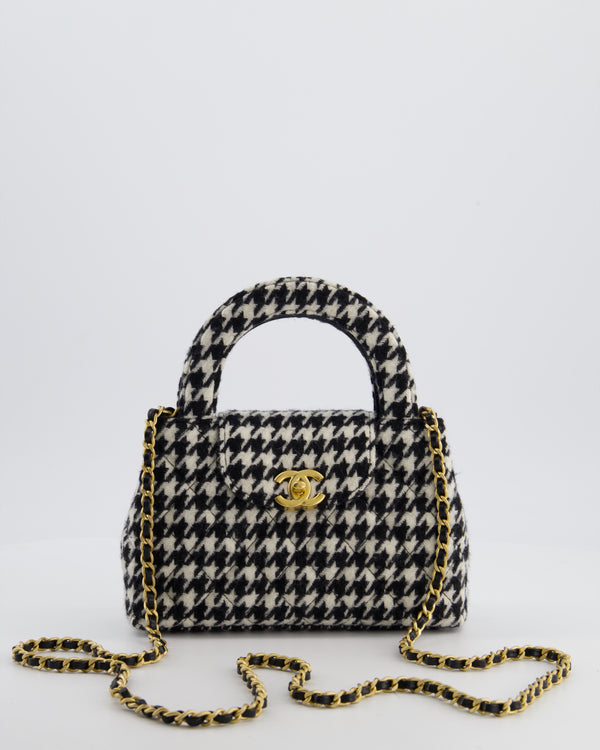 *HOT* Chanel Small Kelly Shopping Bag in Black & White Wool Houndstooth with Brushed Antique Gold Hardware