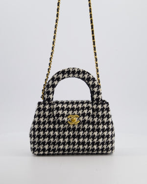 *HOT* Chanel Small Kelly Shopping Bag in Black & White Wool Houndstooth with Brushed Antique Gold Hardware