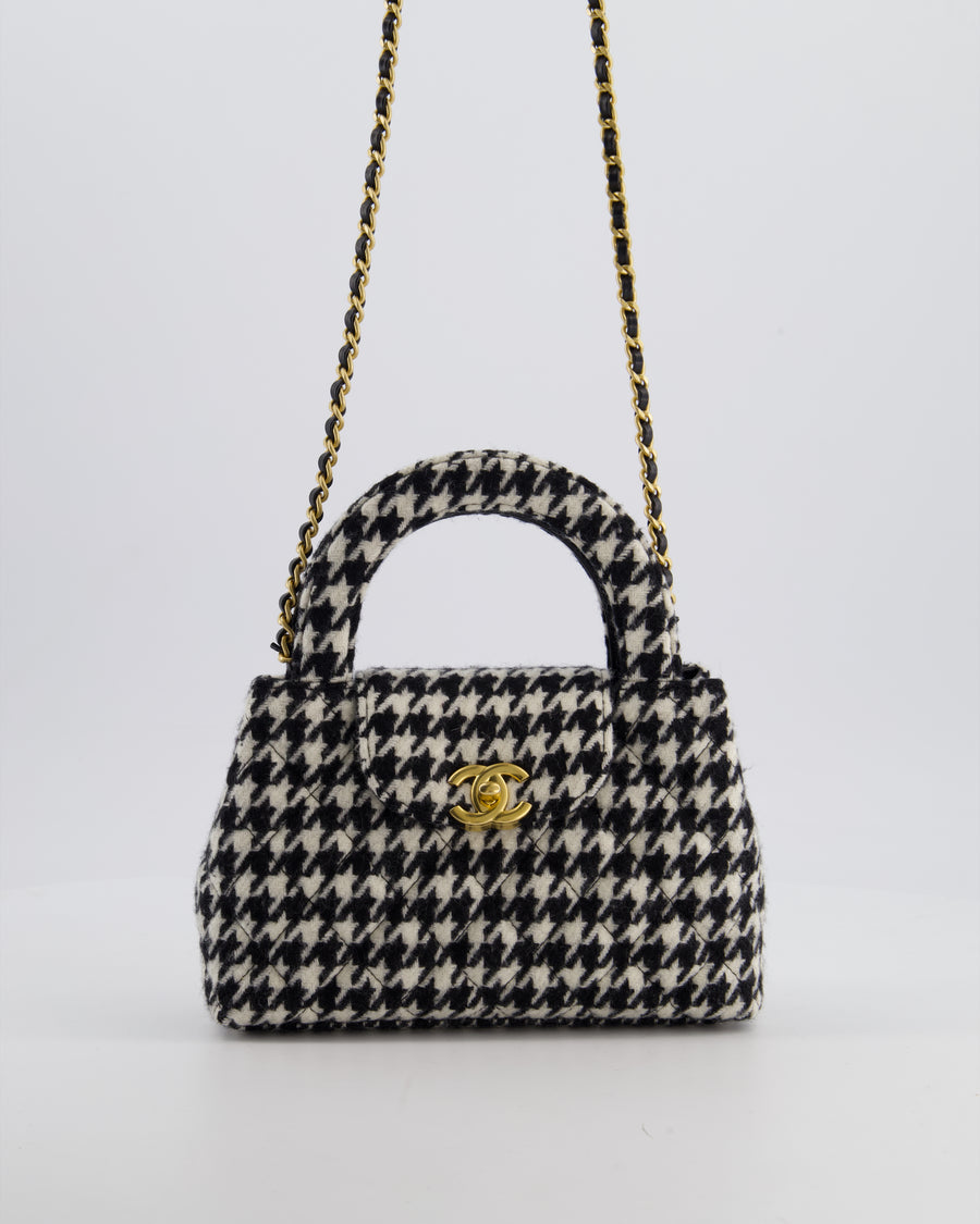 *HOT* Chanel Small Kelly Shopping Bag in Black & White Wool Houndstooth with Brushed Antique Gold Hardware