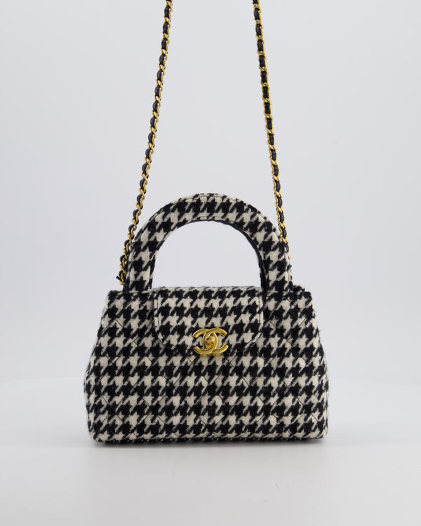 *HOT* Chanel Small Kelly Shopping Bag in Black & White Wool Houndstooth with Brushed Antique Gold Hardware