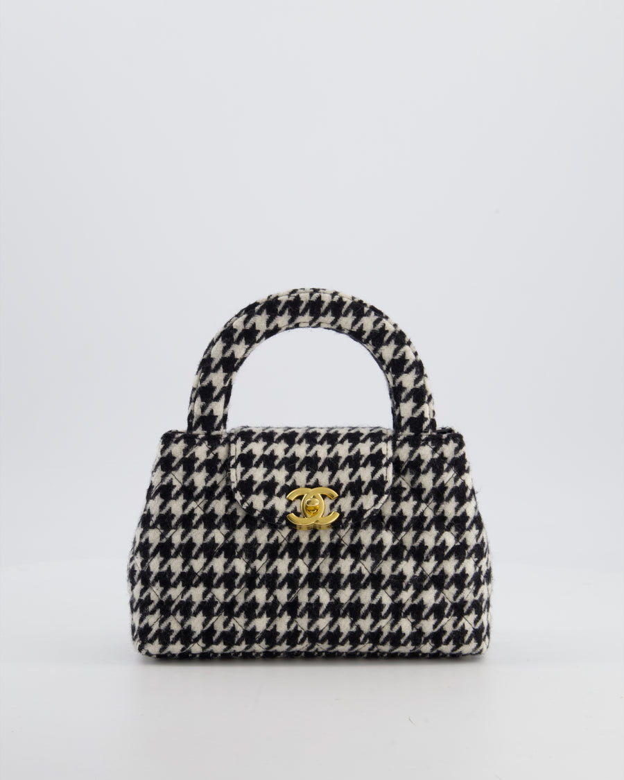 *HOT* Chanel Small Kelly Shopping Bag in Black & White Wool Houndstooth with Brushed Antique Gold Hardware