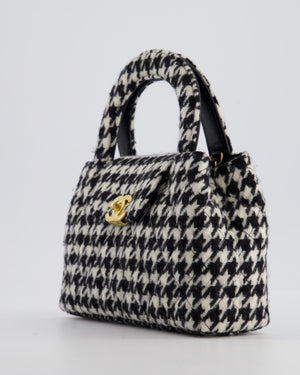 *HOT* Chanel Small Kelly Shopping Bag in Black & White Wool Houndstooth with Brushed Antique Gold Hardware