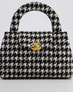 *HOT* Chanel Small Kelly Shopping Bag in Black & White Wool Houndstooth with Brushed Antique Gold Hardware