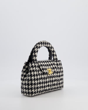 *HOT* Chanel Small Kelly Shopping Bag in Black & White Wool Houndstooth with Brushed Antique Gold Hardware