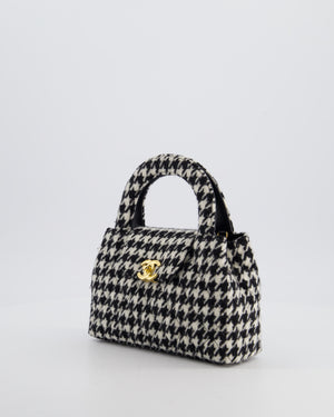 *HOT* Chanel Small Kelly Shopping Bag in Black & White Wool Houndstooth with Brushed Antique Gold Hardware
