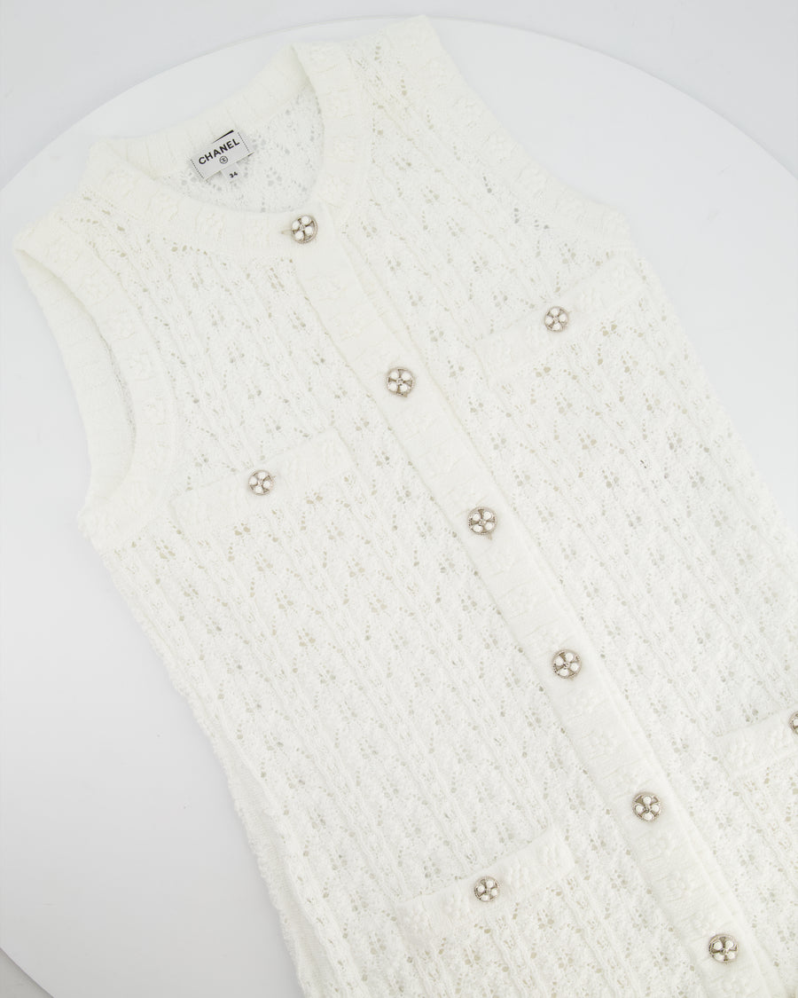 Chanel 24P White Knit Button Down Mini Dress with Pocket and CC Buttons Size FR 34 (UK 6)