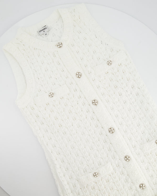 Chanel 24P White Knit Button Down Mini Dress with Pocket and CC Buttons Size FR 34 (UK 6)