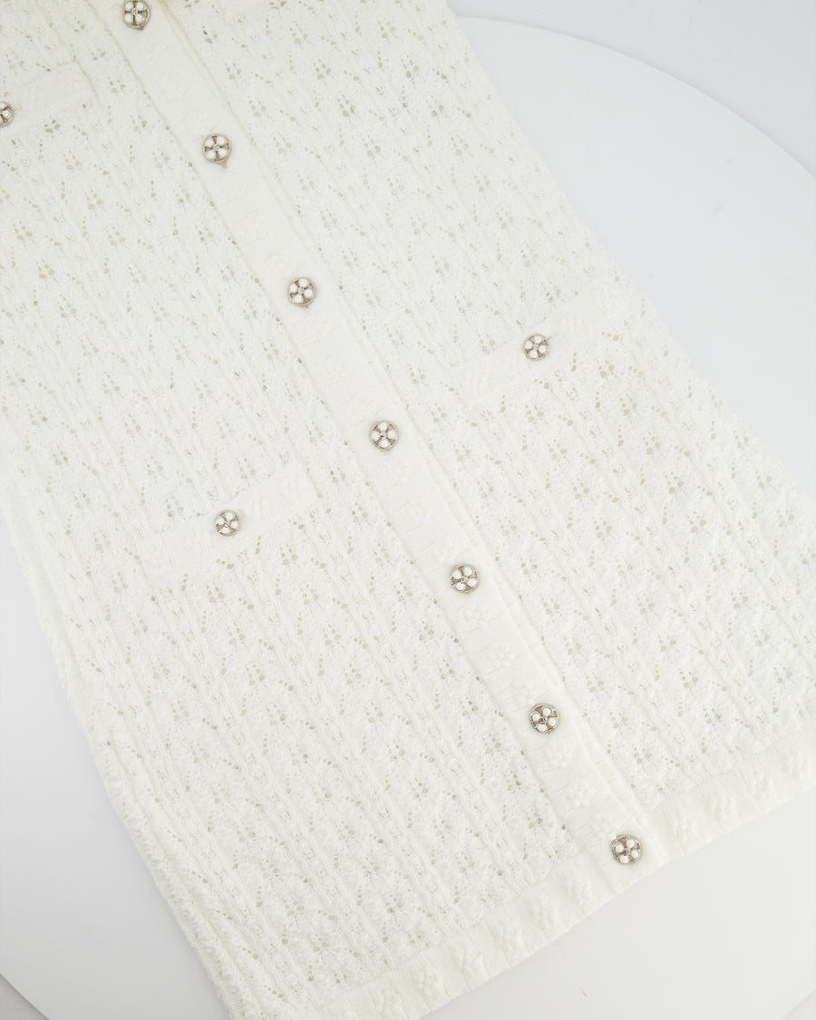 Chanel 24P White Knit Button Down Mini Dress with Pocket and CC Buttons Size FR 34 (UK 6)
