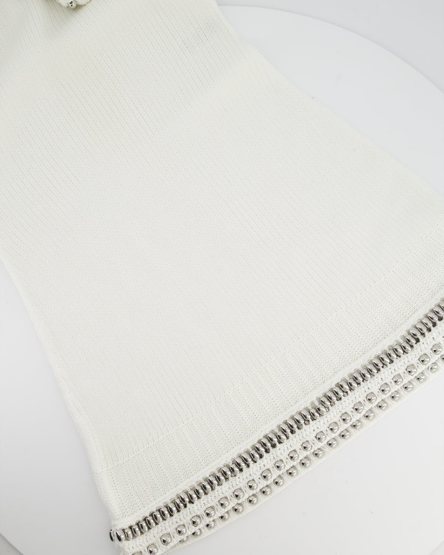 Paco Rabanne White Knitted Long Sleeve Dress with Silver Studs Detail Size M (UK 10)