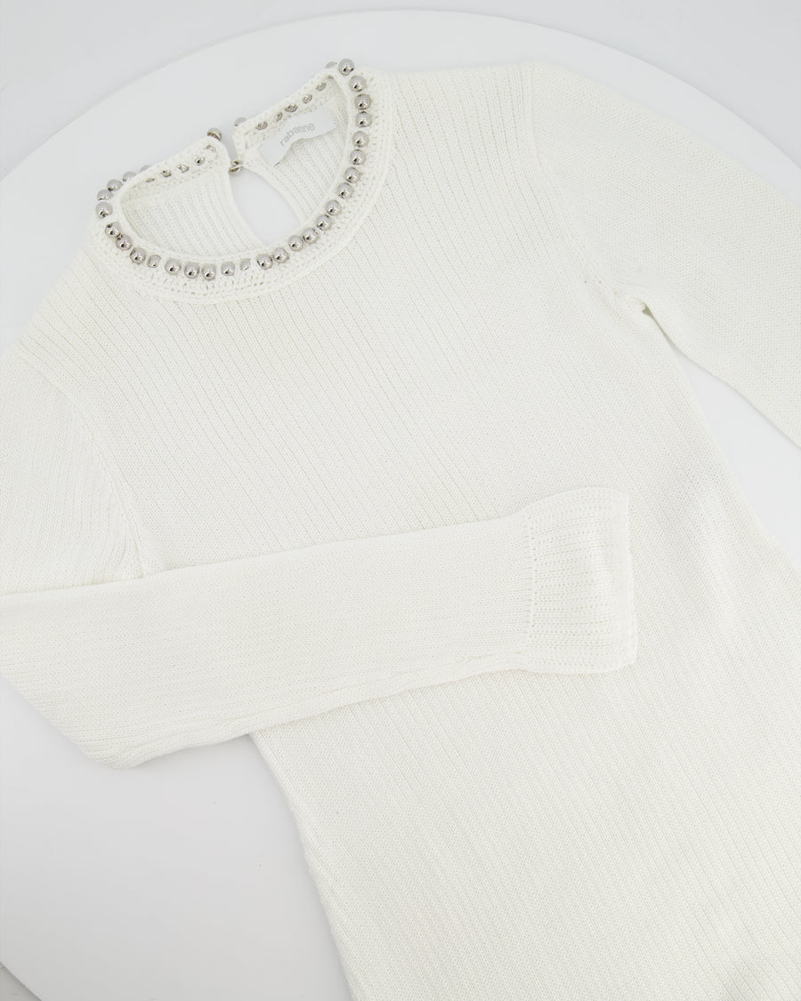 Paco Rabanne White Knitted Long Sleeve Dress with Silver Studs Detail Size M (UK 10)