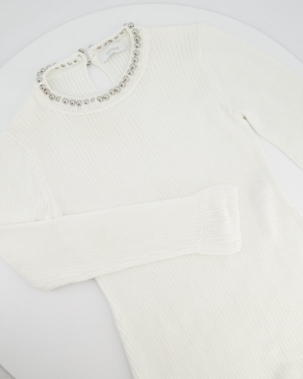 Paco Rabanne White Knitted Long Sleeve Dress with Silver Studs Detail Size M (UK 10)