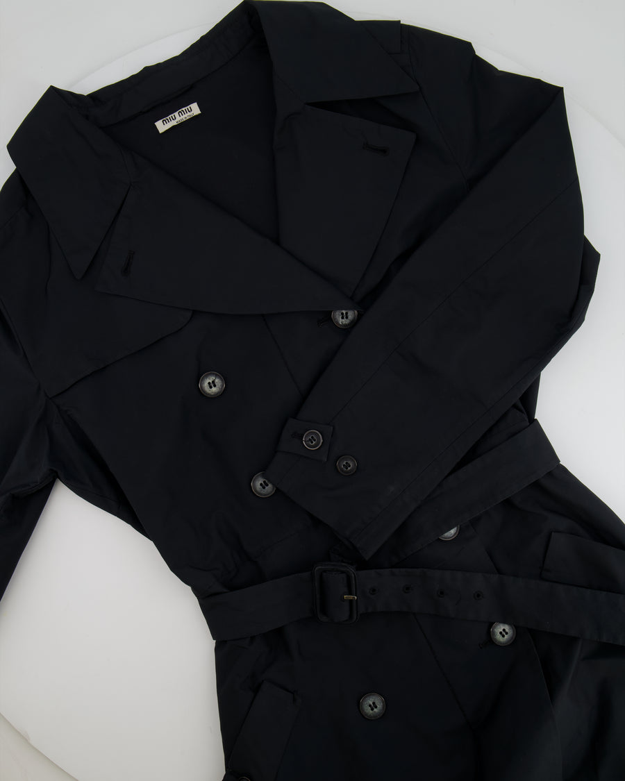 Miu Miu Black Belted Trench Coat with Marble Effect Buttons Detail Size IT 42 (UK 10)