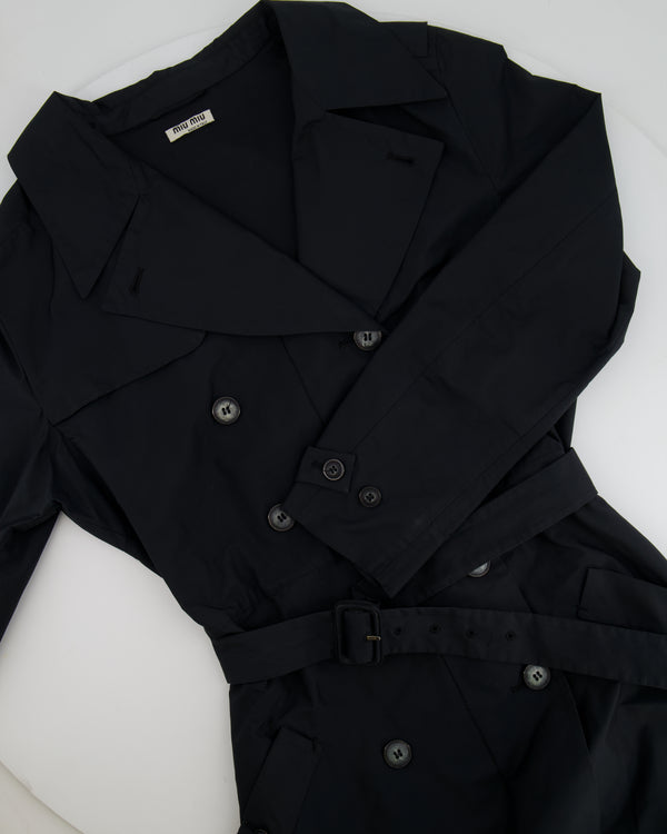 Miu Miu Black Belted Trench Coat with Marble Effect Buttons Detail Size IT 42 (UK 10)