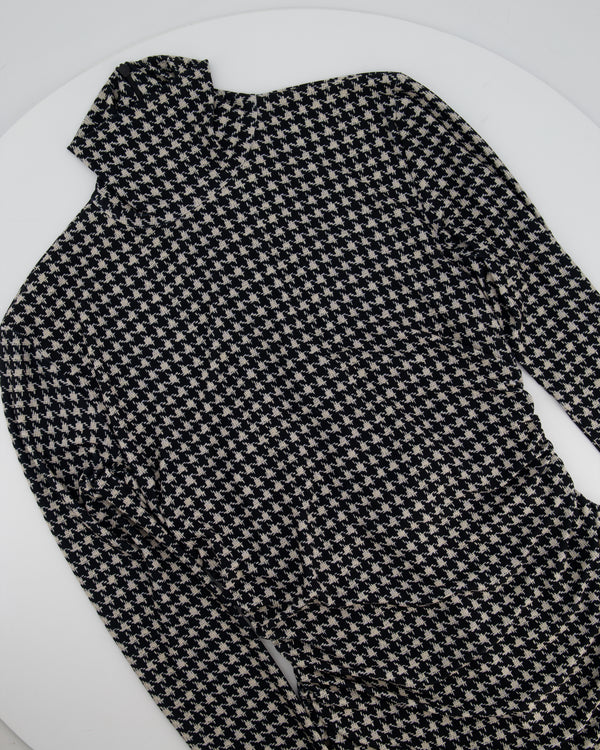 Norma Kamali Black and beige Houndstooth Ruched Long Sleeve Mini Dress Size S (UK 8)