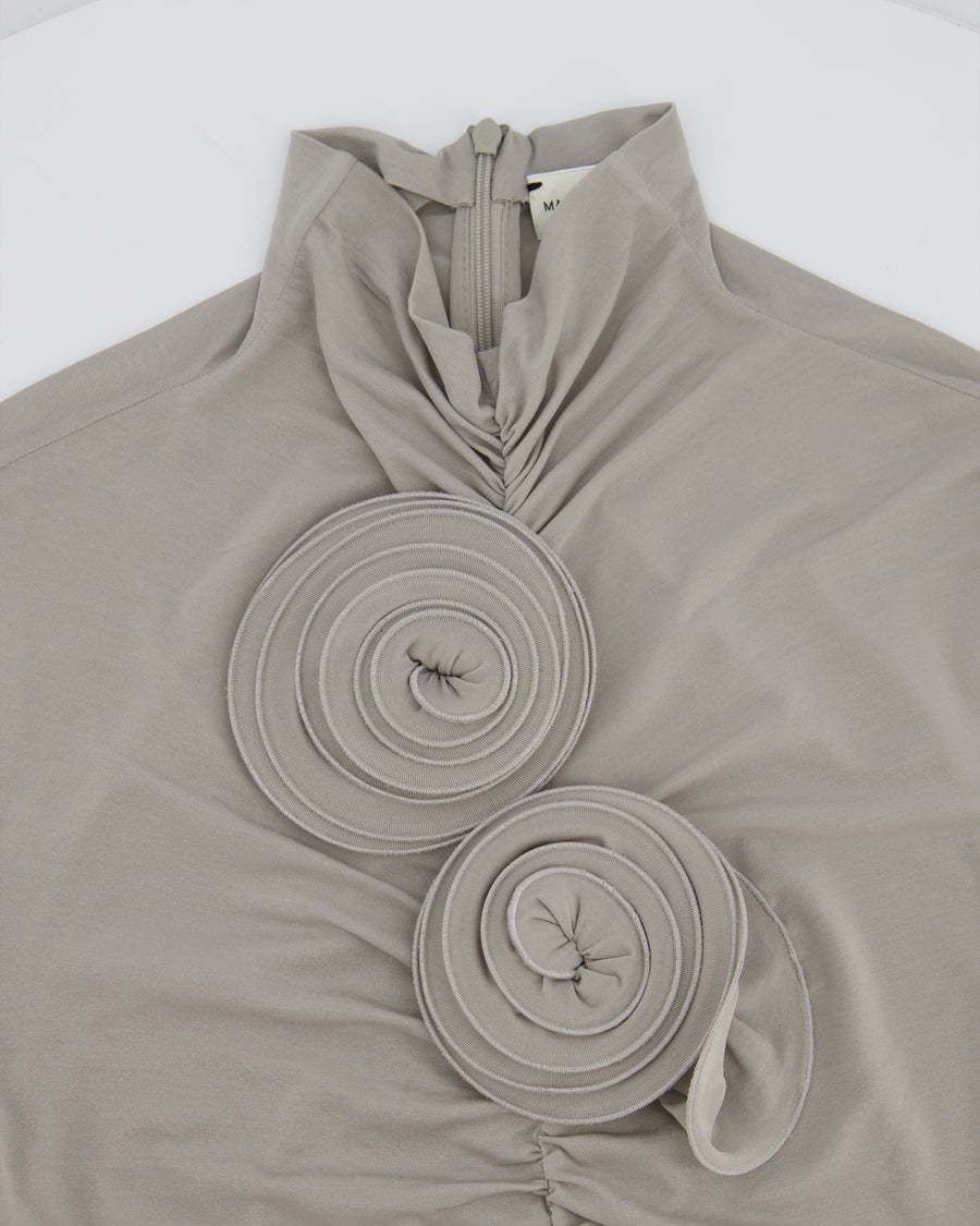 Magda Butrym Grey Ruched Stretch-Jersey Mini Dress with 3D Flower Appliqué Size FR 36 (UK 8)