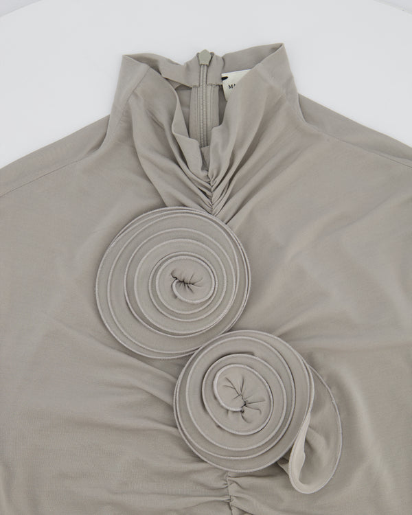 Magda Butrym Grey Ruched Stretch-Jersey Mini Dress with 3D Flower Appliqué Size FR 36 (UK 8)