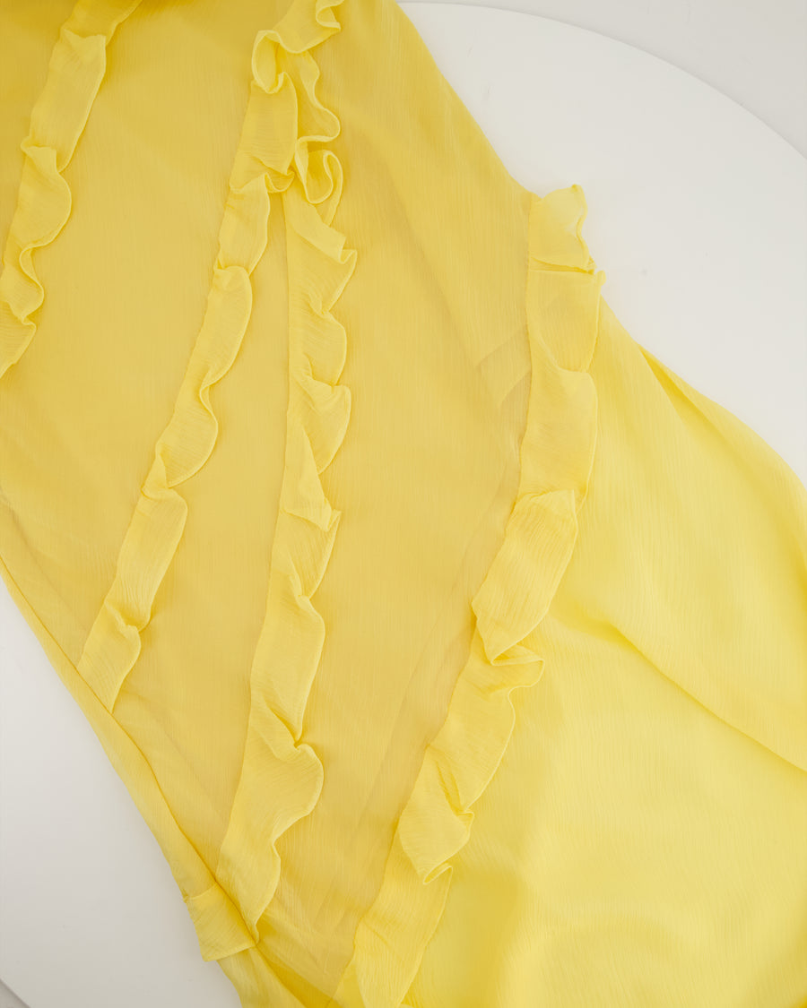 Saloni Pastel Yellow Renu Draped Ruffle Silk Blend Maxi Dress Size UK UK 8