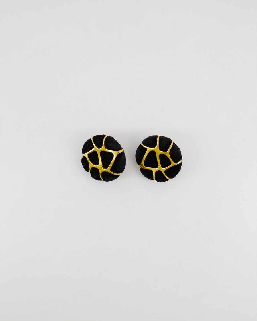 Chanel 2005 Vintage Black Velours and Gold Giraffe Clip On Earrings