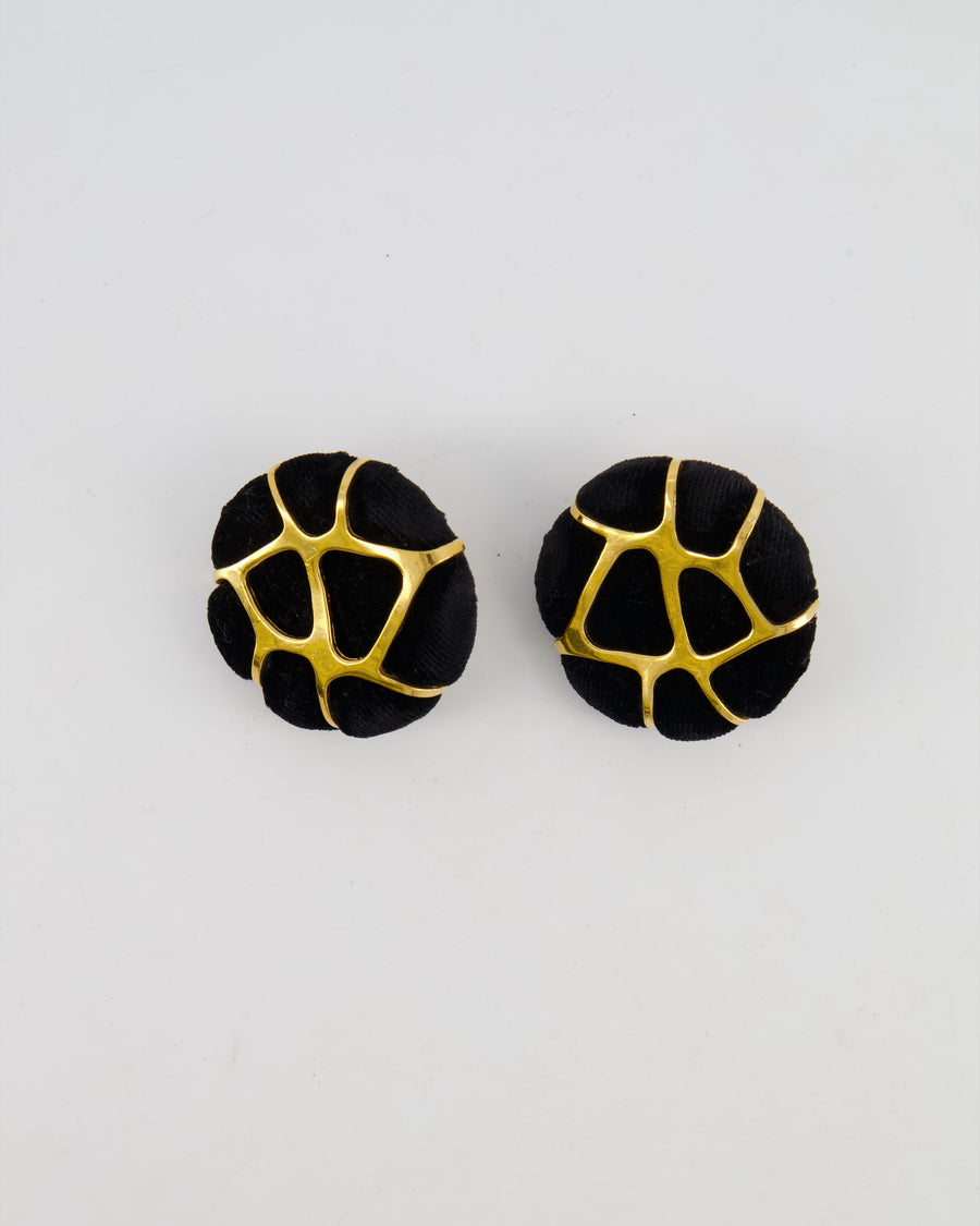 Chanel 2005 Vintage Black Velours and Gold Giraffe Clip On Earrings